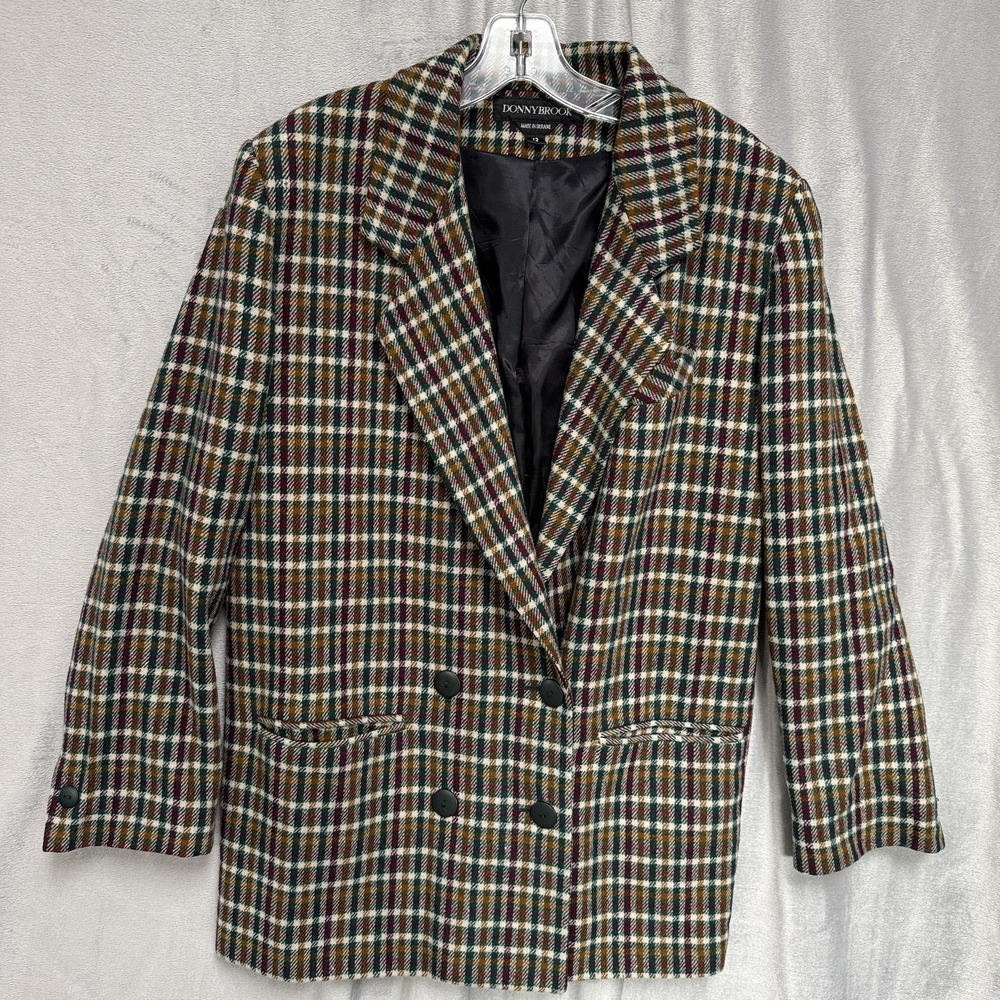 Vintage Donnybrook Blazer Womens 12 Green Plaid‎ Wool Double Breasted Jacket 90s
